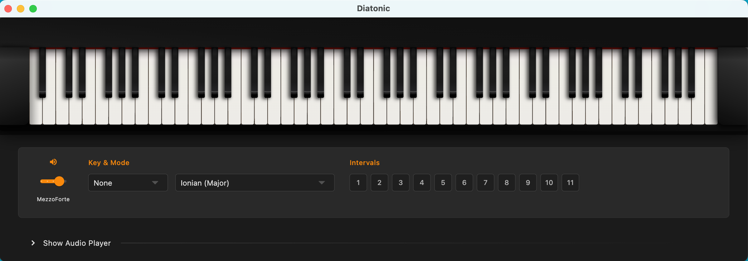 Diatonic macOS app screenshot showing the piano and controls